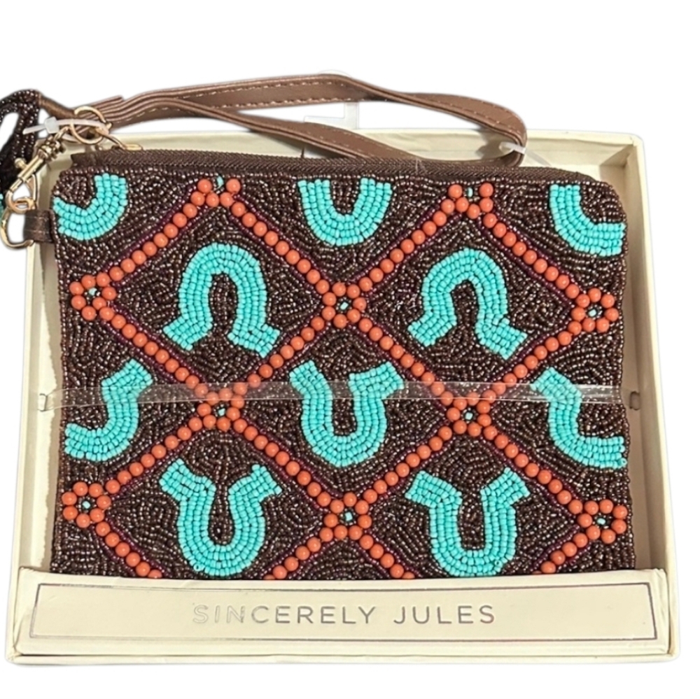 🤎▪️Sincerely Jules▪️ Horseshoe Beaded Clutch Wristlet Pouch Tassel Zipper
